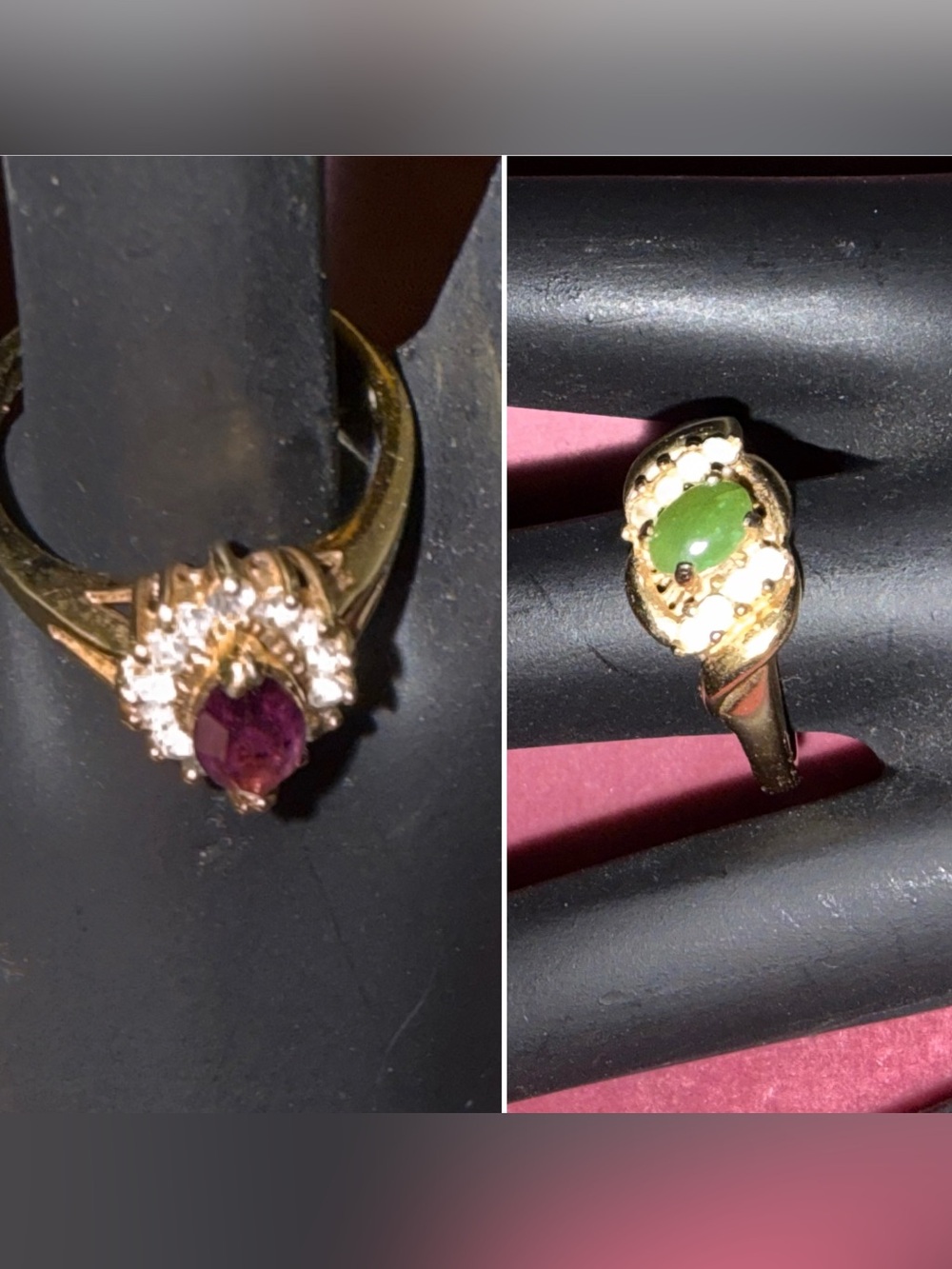 Vintage Estate 70s TWO Costume Jewelry Rings, Faux Amethyst, Jade& Diamonds